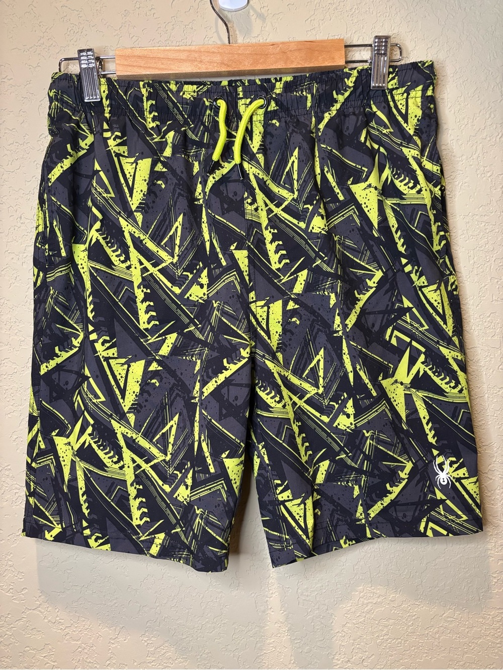 Spyder Black & Neon Yellow Geometric Swim Trunks